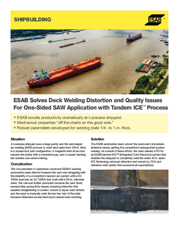 ESAB Solves Deck Welding Distortion and Quality Issues For One-Sided SAW Application with Tandem ICE Process