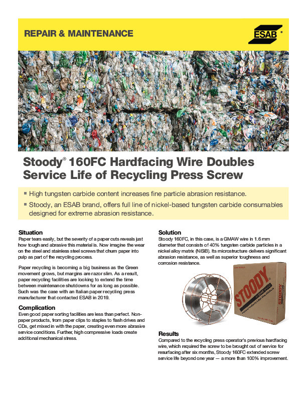 Stoody® 160FC Hardfacing Wire Doubles Service Life of Recycling Press Screw