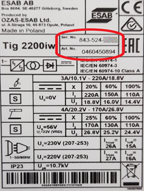 Model/part and serial numbers can be located on the rating plate of your equipment. Examples shown in image. If you need assistance locating this information, please contact your local ESAB sales representative.